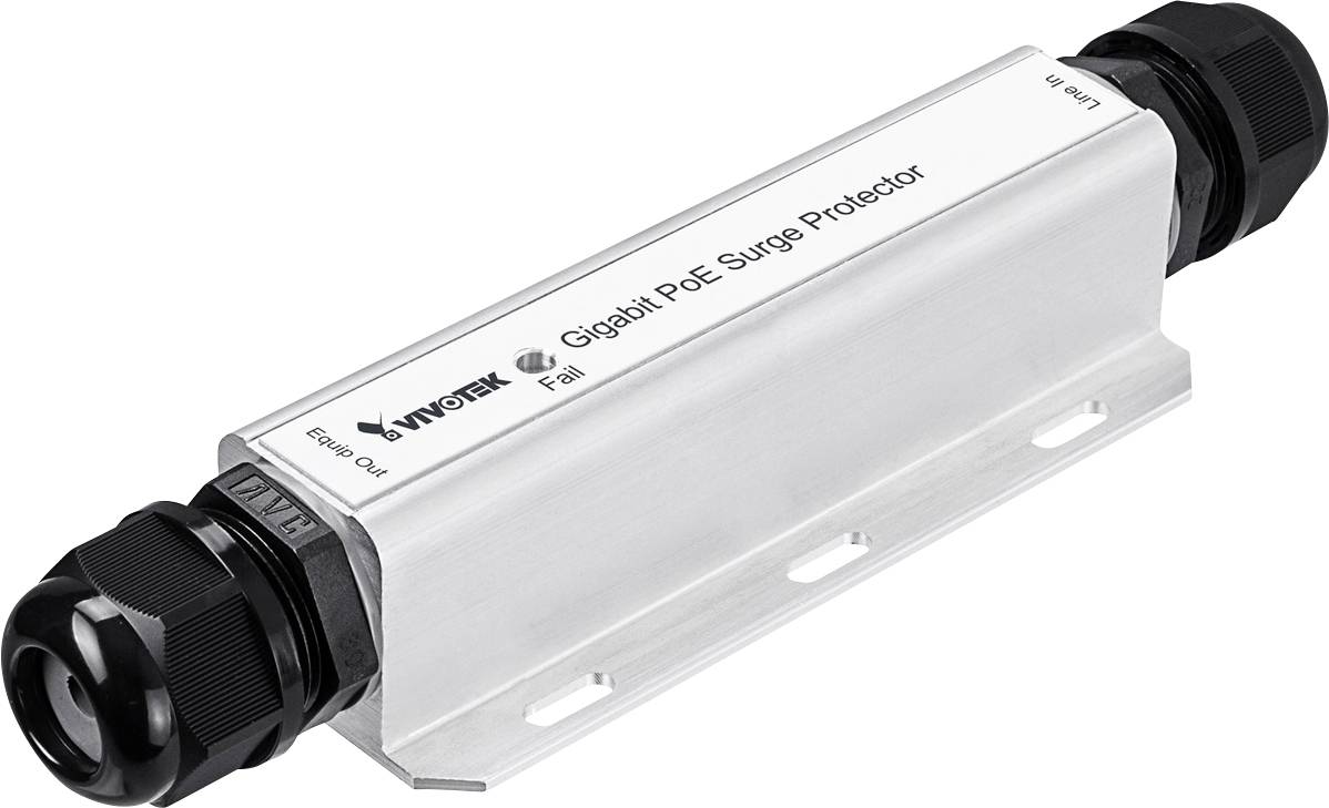 Un 'Vivotek Gigabit PoE Surge Protector' in custodia metallica, protegge le apparecchiature di rete dai danni da sovratensione.