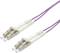 Due cavi in fibra ottica viola con connettori LC su sfondo bianco.