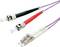 Due cavi in fibra ottica con connettori ST (nero e rosso) e connettori LC (bianco) per connessioni di rete su sfondo bianco.