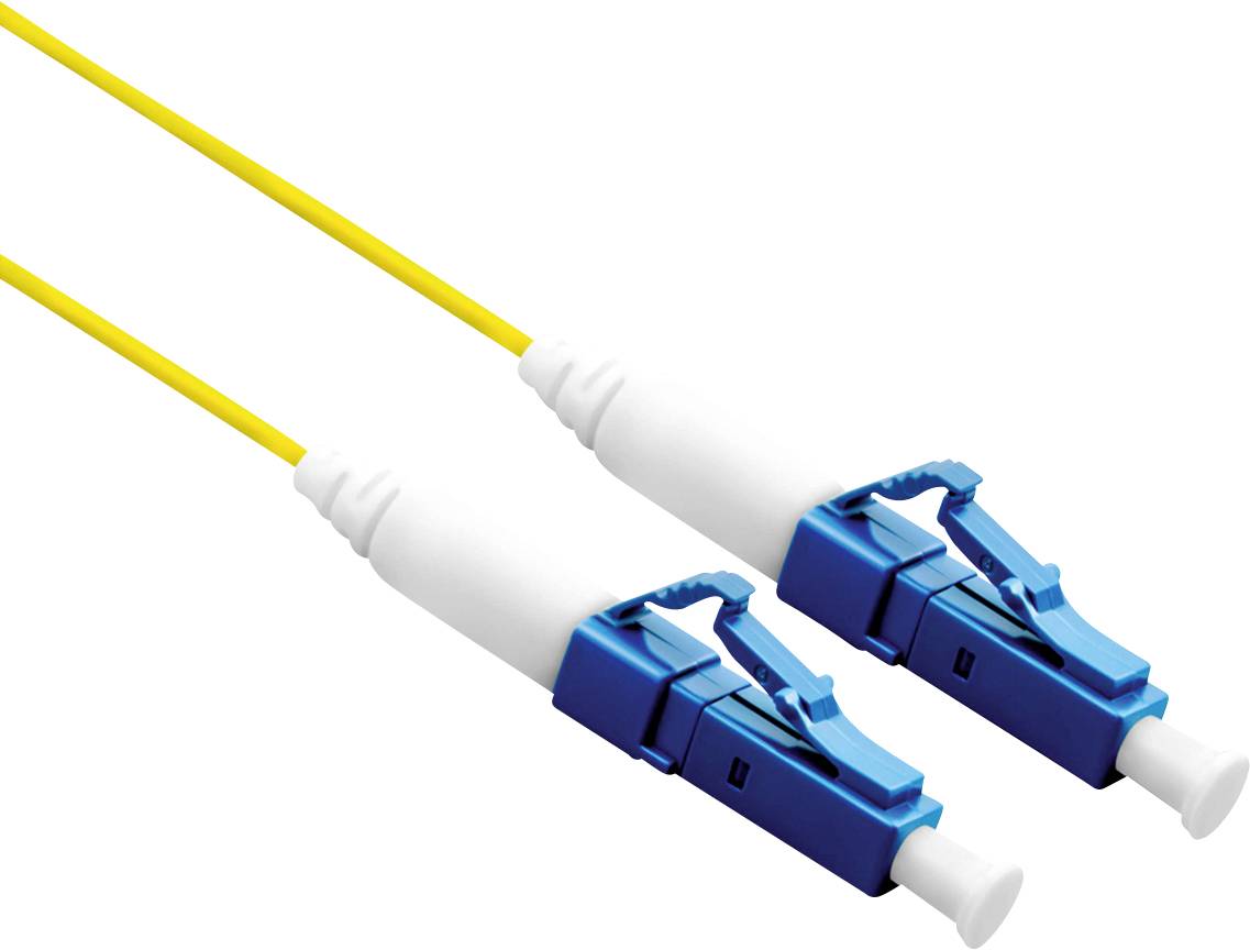 Due cavi in fibra ottica con connettori blu alle estremità, collegati da un cavo giallo. Vengono comunemente utilizzati nelle reti.