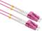 Due cavi in fibra ottica LC-Duplex rosa con marcature numeriche gialle '1' e '2' sui connettori, posizionati uno accanto all'altro.