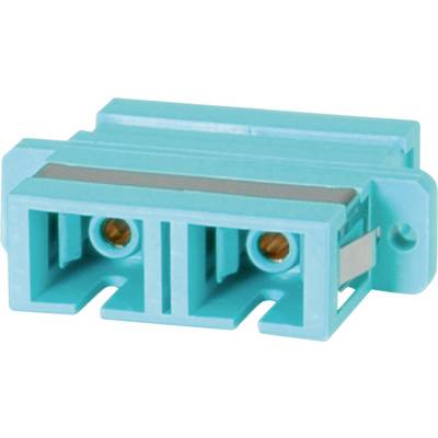 Un modulo di connessione elettrico turchese con due fori per il fissaggio dei fili, probabilmente utilizzato per dispositivi elettronici.
