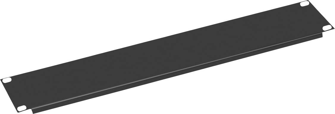 Un pannello metallico nero rettangolare con quattro fori per viti, idoneo per il montaggio in un rack o cabinet.