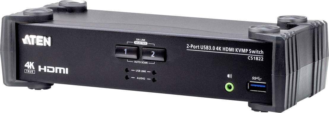Un commutatore KVM HDMI USB 3.0 a 2 porte, modello CS1822 di ATEN, mostra le porte e i pulsanti anteriori per il controllo.