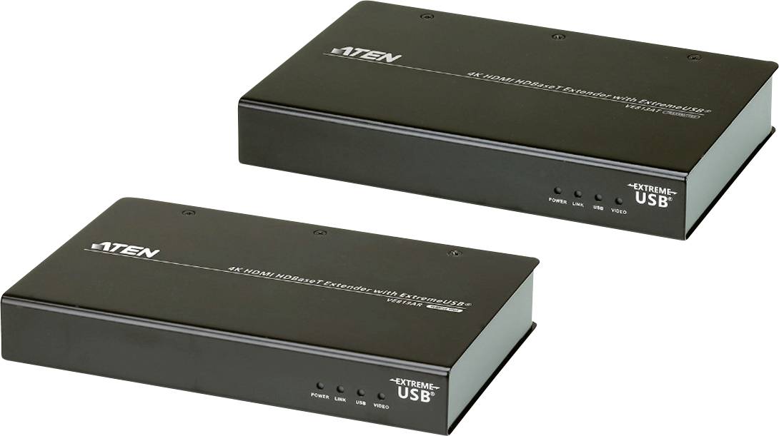 Due extender KVM neri di 'ATEN', modello VE813. Supportano la trasmissione HDMI 4K su lunghe distanze tramite USB.