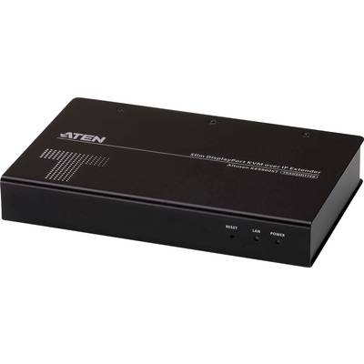 Un dispositivo elettronico nero con la scritta 'Slim DisplayPort KVM over IP Extender'. Il lato frontale mostra i LED di Reset, LAN e Power.