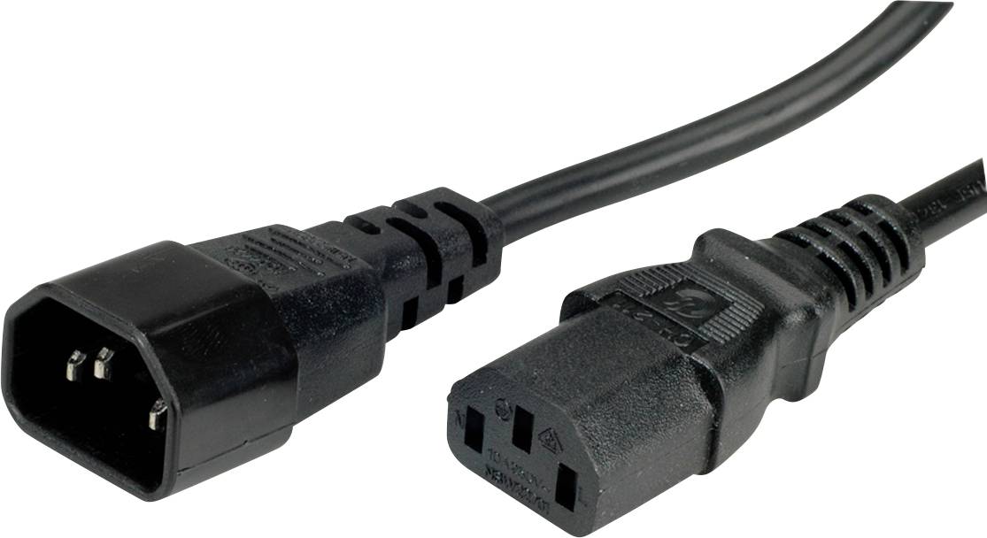 Un cavo di rete nero con un connettore IEC-C13 su un lato e un connettore IEC-C14 sull'altro lato.