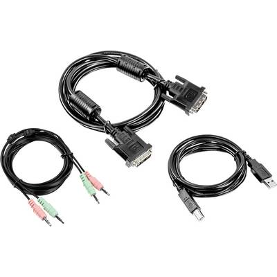 Tre cavi neri: a sinistra cavo audio con connettori rossi/verdi, in alto cavo VGA, a destra cavo USB.