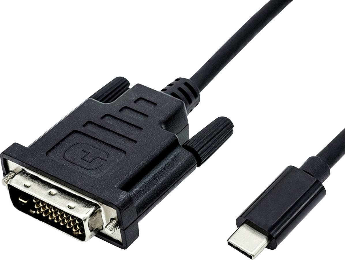 Un adattatore di cavo nero da DVI a USB-C che mostra due diversi tipi di connettori: una spina DVI e una spina USB-C.