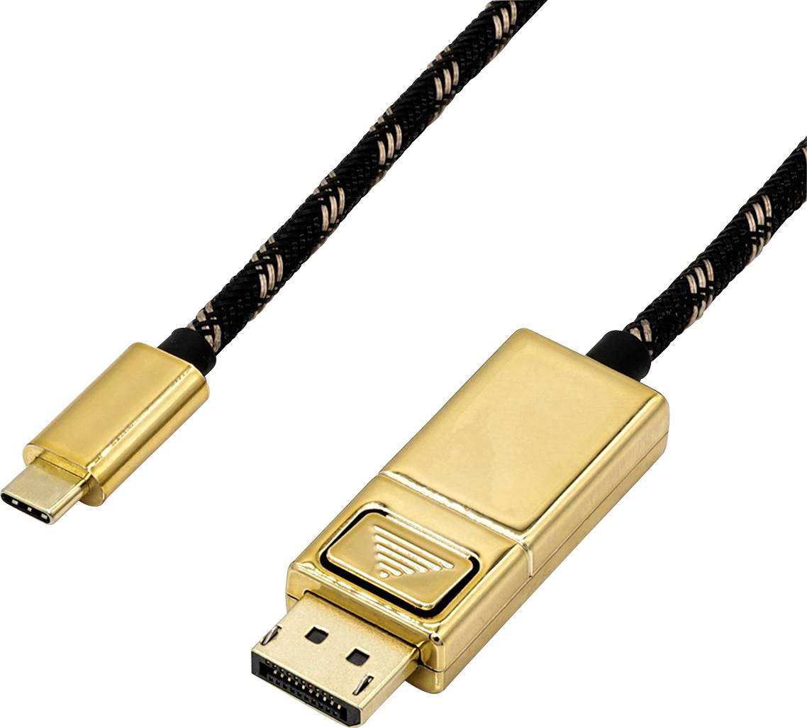 'Cavo USB-C dorato con guaina intrecciata nera. Per collegare un dispositivo a un monitor con porta DisplayPort.'