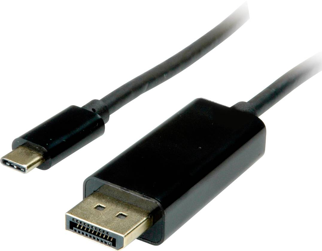 Cavo DisplayPort con connettore USB-C su sfondo bianco. A sinistra il connettore USB-C, a destra il connettore DisplayPort più grande.