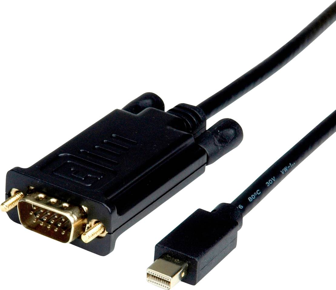 Cavo con connessione VGA su Mini DisplayPort, mostra le estremità dei connettori e degli adattatori.