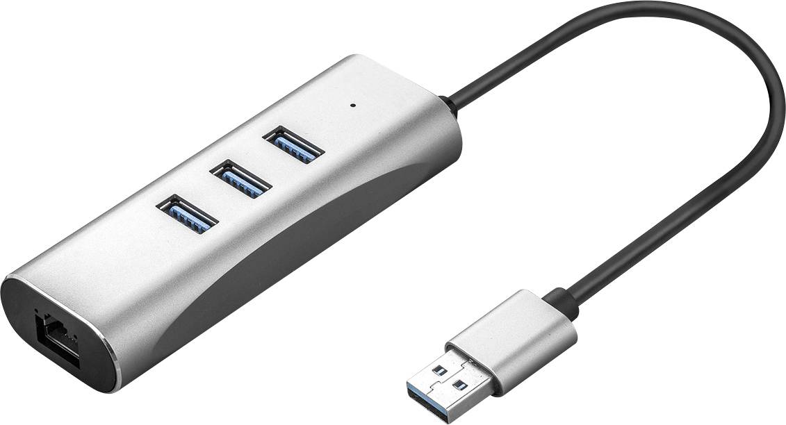 Un hub USB argento con tre porte USB 3.0 e una porta Ethernet, collegato tramite un cavo USB.
