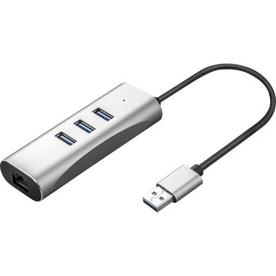 Un hub USB argento con tre porte USB 3.0 e una porta Ethernet, collegato tramite un cavo USB.