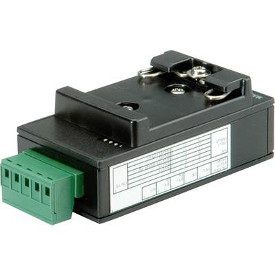 Un dispositivo elettrico con morsetto di connessione verde e involucro nero. A sinistra sono presenti connettori, a destra morsetti.