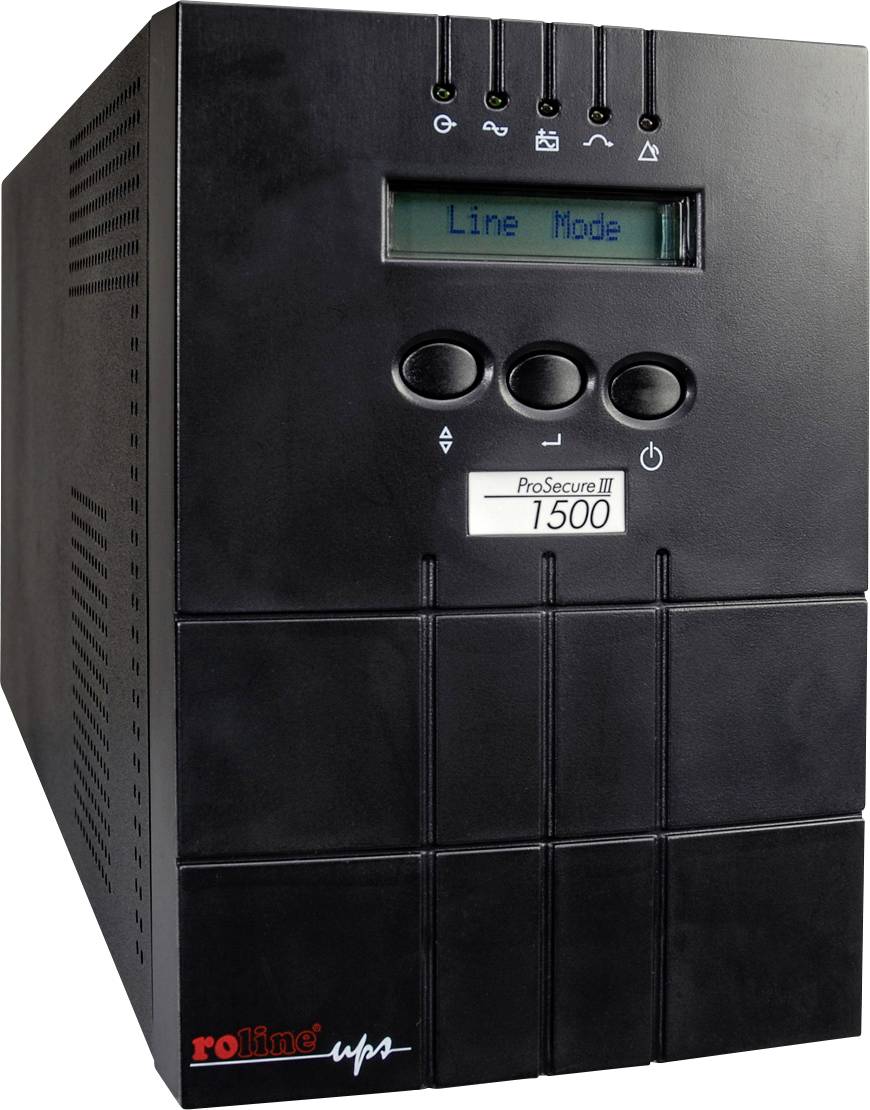 Un dispositivo UPS nero con la scritta 'ProSecure III 1500'. Mostra un display digitale in 'Line Mode' e ha diversi pulsanti.