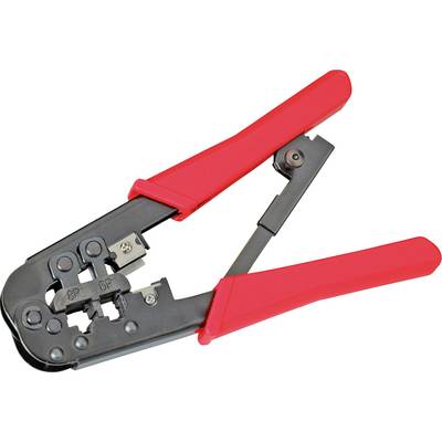 Una pinza crimpatrice rossa per la lavorazione di cavi di rete. Dispone di diverse impostazioni per tipi di cavi differenti.