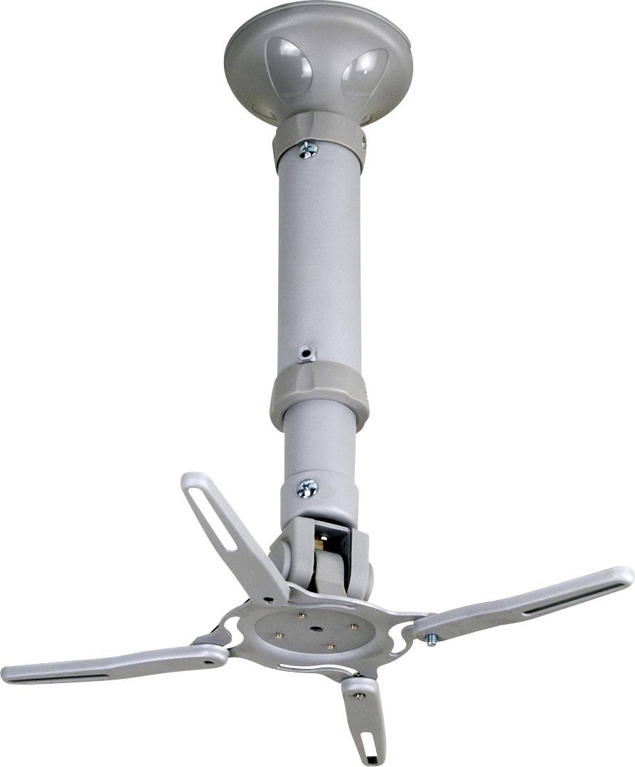 Supporto in metallo per proiettore da soffitto, con braccio a tre gambe e giunture regolabili, adatto a proiettori di diverse dimensioni.