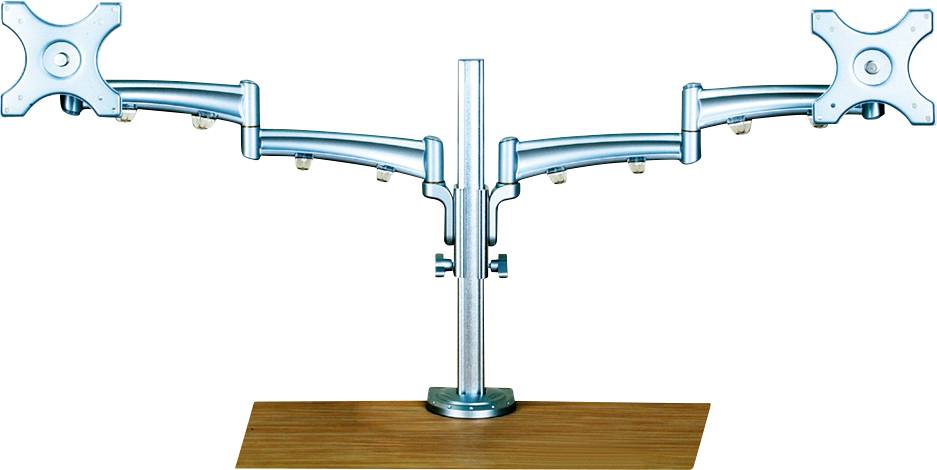Un supporto doppio per monitor in metallo su base in legno, con bracci snodati per il posizionamento flessibile di due schermi.