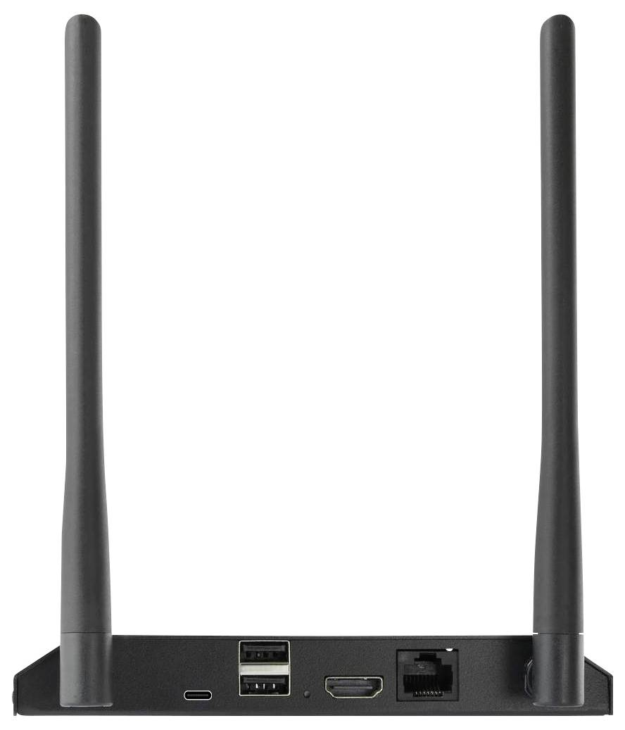 Un router Wi-Fi con due antenne, due porte USB, una porta HDMI e una porta Ethernet sul retro.