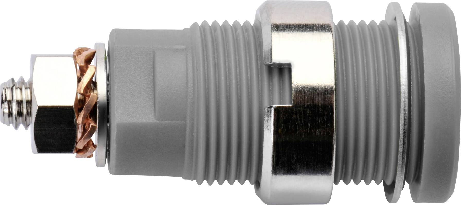 Connettore cilindrico grigio con filettatura metallica e dado. Utilizzato per collegare in modo sicuro cavi o conduttori elettrici.