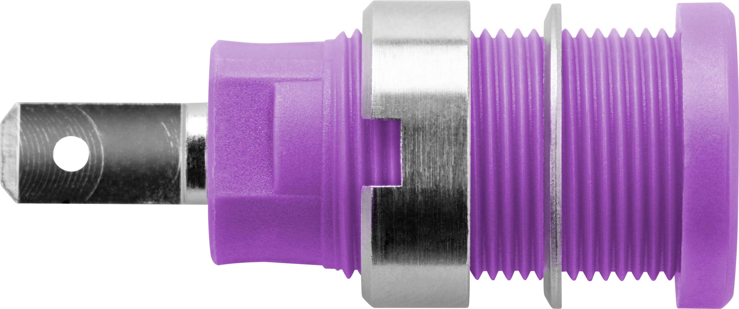 Un connettore cilindrico viola con un componente metallico su un'estremità, idoneo per applicazioni elettroniche o di cablaggio.