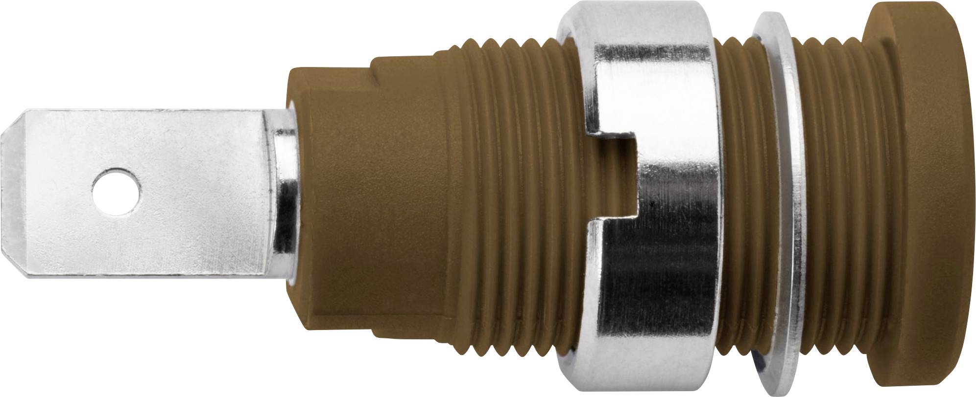 Sensore di temperatura marrone con bullone metallico e filettature. Utilizzato per misurare la temperatura in diversi sistemi.