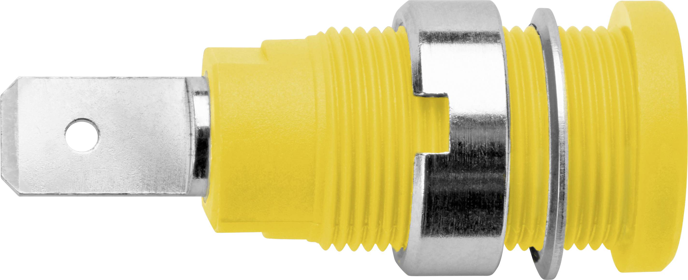 Un interruttore elettrico giallo con guarnizioni metalliche e un morsetto di connessione rettangolare, posizionato lateralmente.