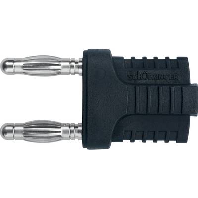 Adattatore nero per banana con due punte metalliche e superficie zigrinata. Testo 'Schützinger' sull'adattatore.