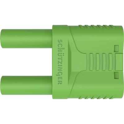 Un connettore elettrico verde con due pin e alloggiamento zigrinato. La scritta 'Schützinger' è visibile.