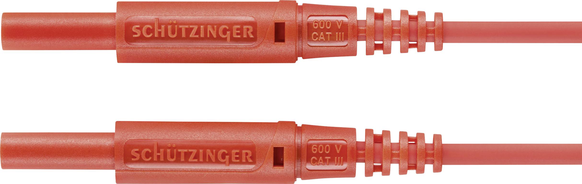 Due connettori rossi di Schützinger con stampa '600 V CAT III'. Ideali per test e misure elettriche.