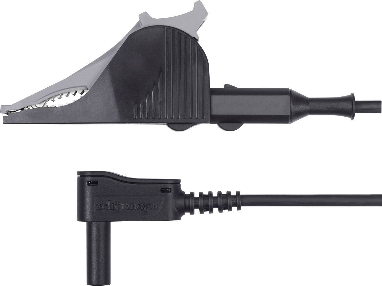 'Questa immagine mostra un morsetto a coccodrillo nero con un attacco del cavo angolato, adatto per applicazioni elettroniche.'