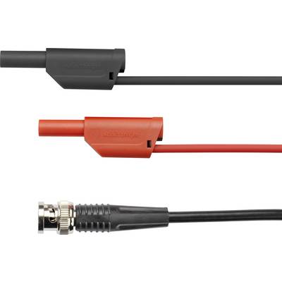 Due cavi di misurazione con isolamenti nero e rosso e connettori BNC, utilizzati per connessioni elettriche.
