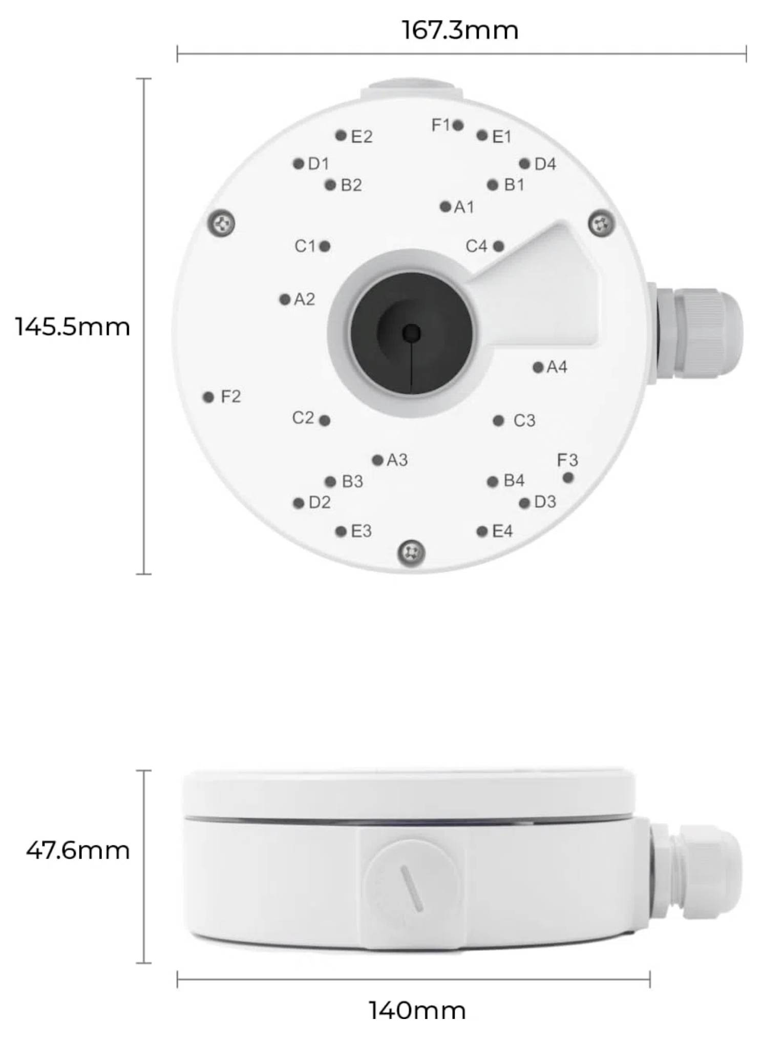 'Vista superiore e laterale di una scatola di giunzione rotonda per montaggio, con dimensioni: diametro 167,3 mm, altezza 145,5 mm e spessore 47,6 mm.'