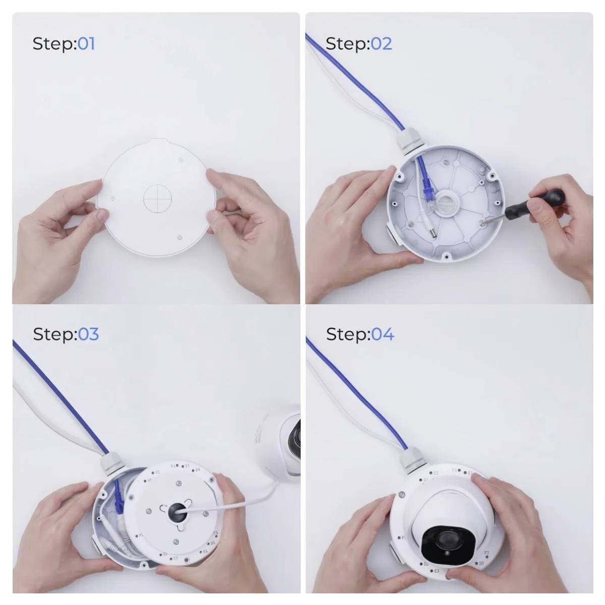 "Step 01 a 04" mostra le mani che assemblano un dispositivo; allineando, fissando con viti, collegando i cavi e chiudendo il coperchio con una lente.