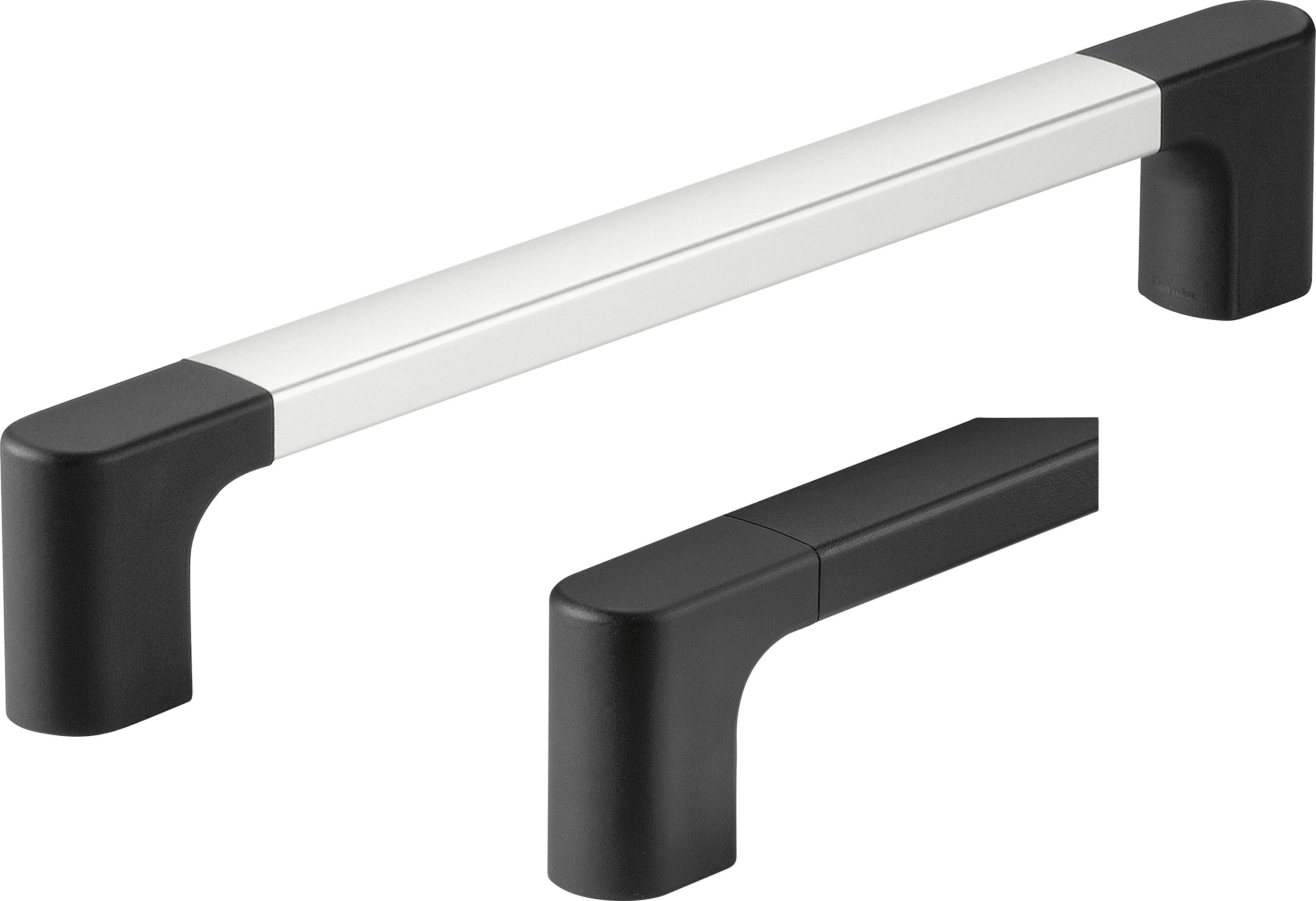 Due maniglie moderne, una in bianco e nero e l'altra completamente nera, probabilmente per l'installazione su armadi o porte.