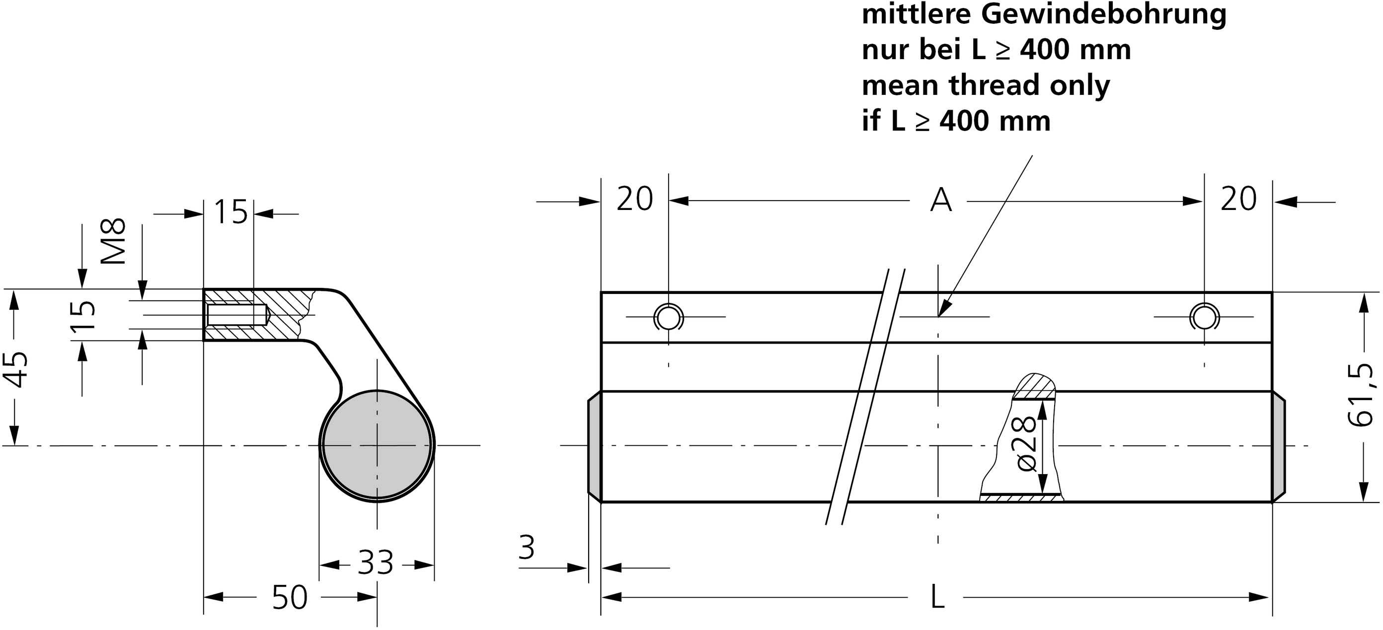'Disegno tecnico di un componente con dimensioni: 61,5 mm di altezza, 33 mm di larghezza. Nota: foratura filettata centrale solo per L ≥ 400 mm.'
