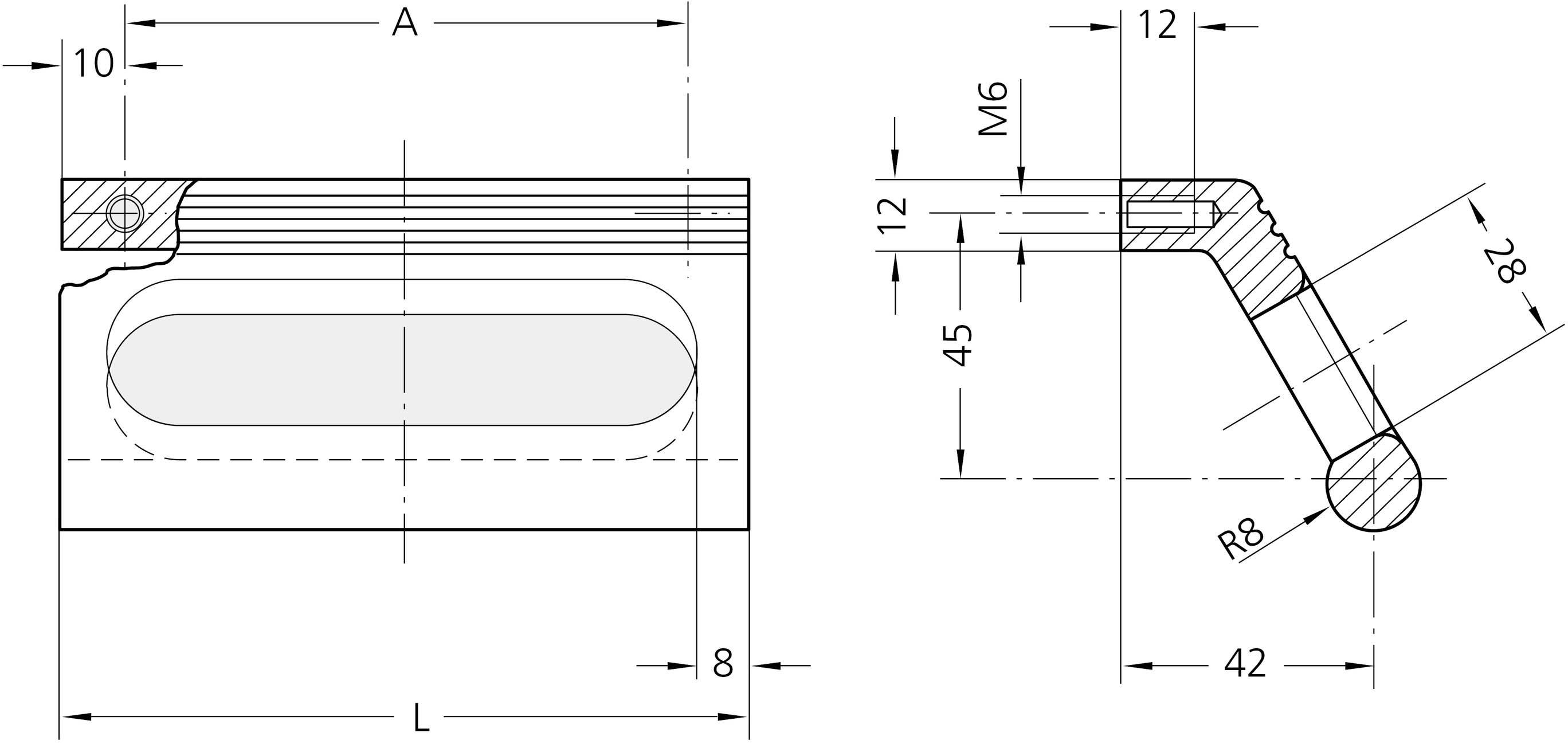 Disegno tecnico di un componente meccanico con quote: Lunghezza (L), Larghezza (A), Raggi (R8), Foro filettato (M6). Vista laterale che mostra angoli e dimensioni.