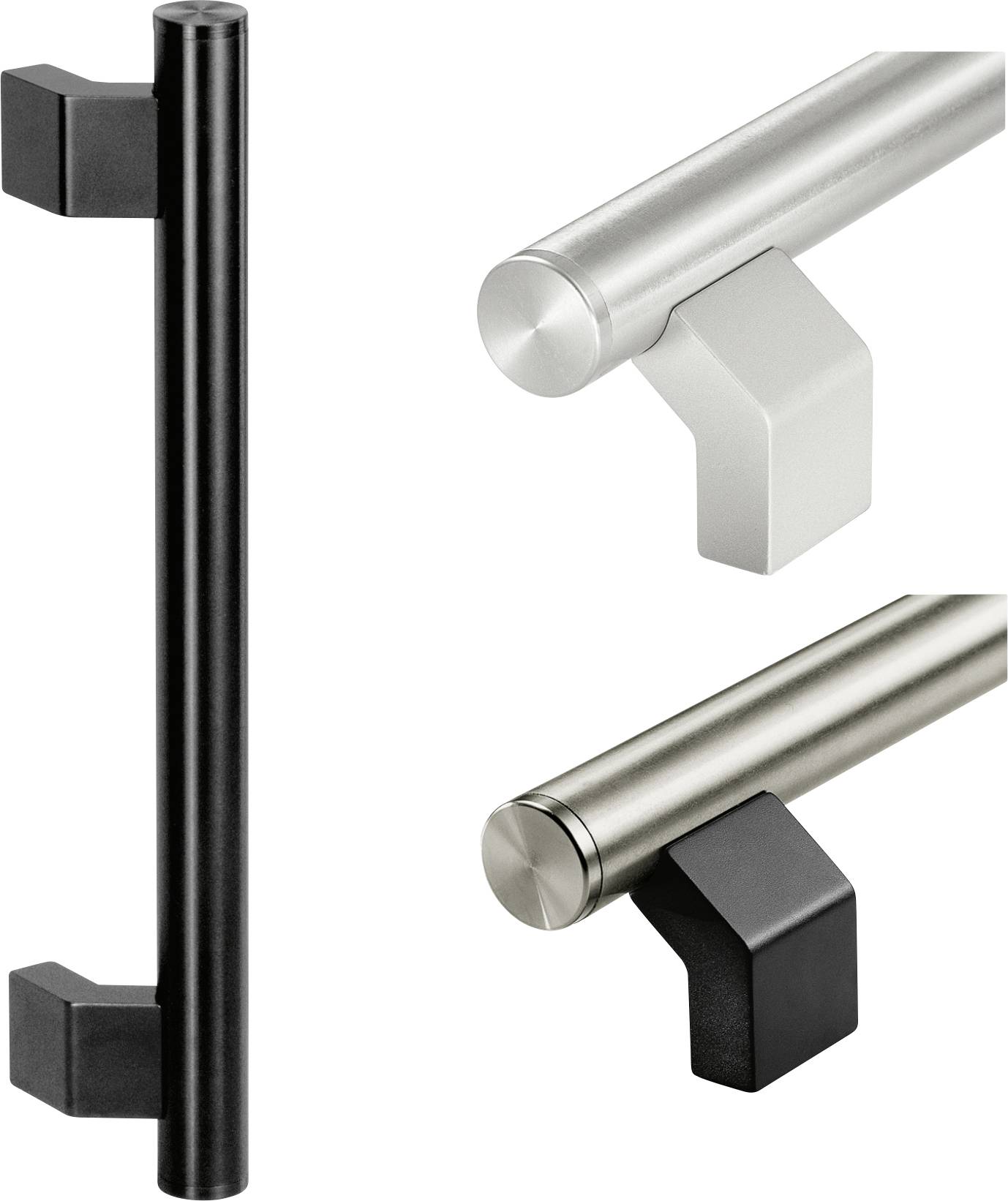 Tre maniglie per porte in diversi colori e materiali: nero, argento e grigio opaco. Design moderni con basi rettangolari.