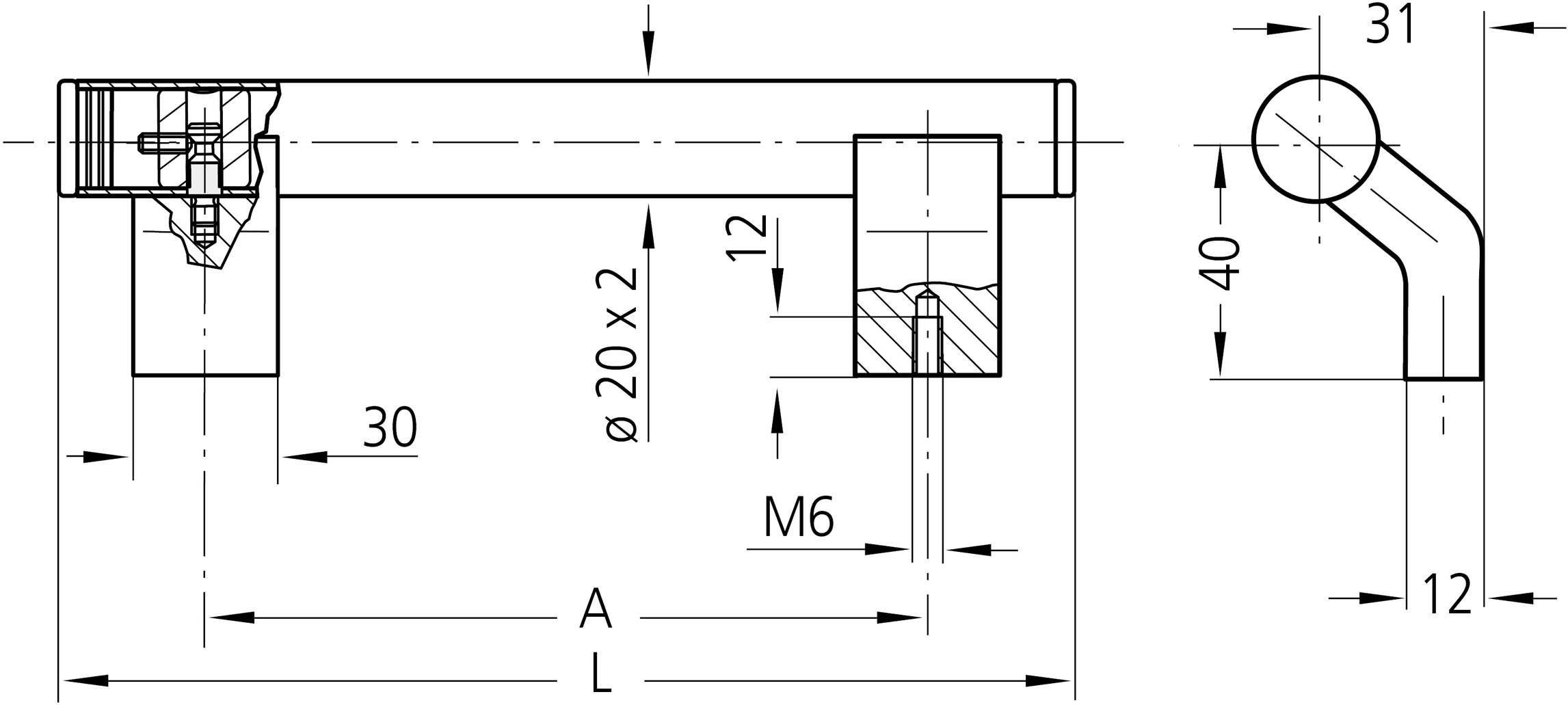 Disegno tecnico di un componente metallico a L con quote. Mostra sezione trasversale, foro filettato M6 e dimensioni 30, 12, 31, 40.