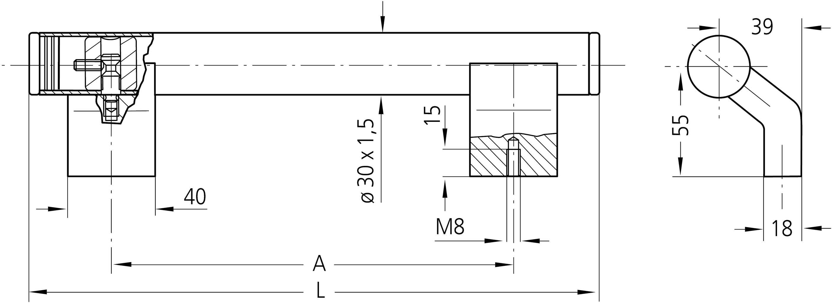 Disegno tecnico di un impugnatura a bastone con misure: diametro 30 mm, lunghezza variabile, foro M8, dimensioni 55 mm x 39 mm.