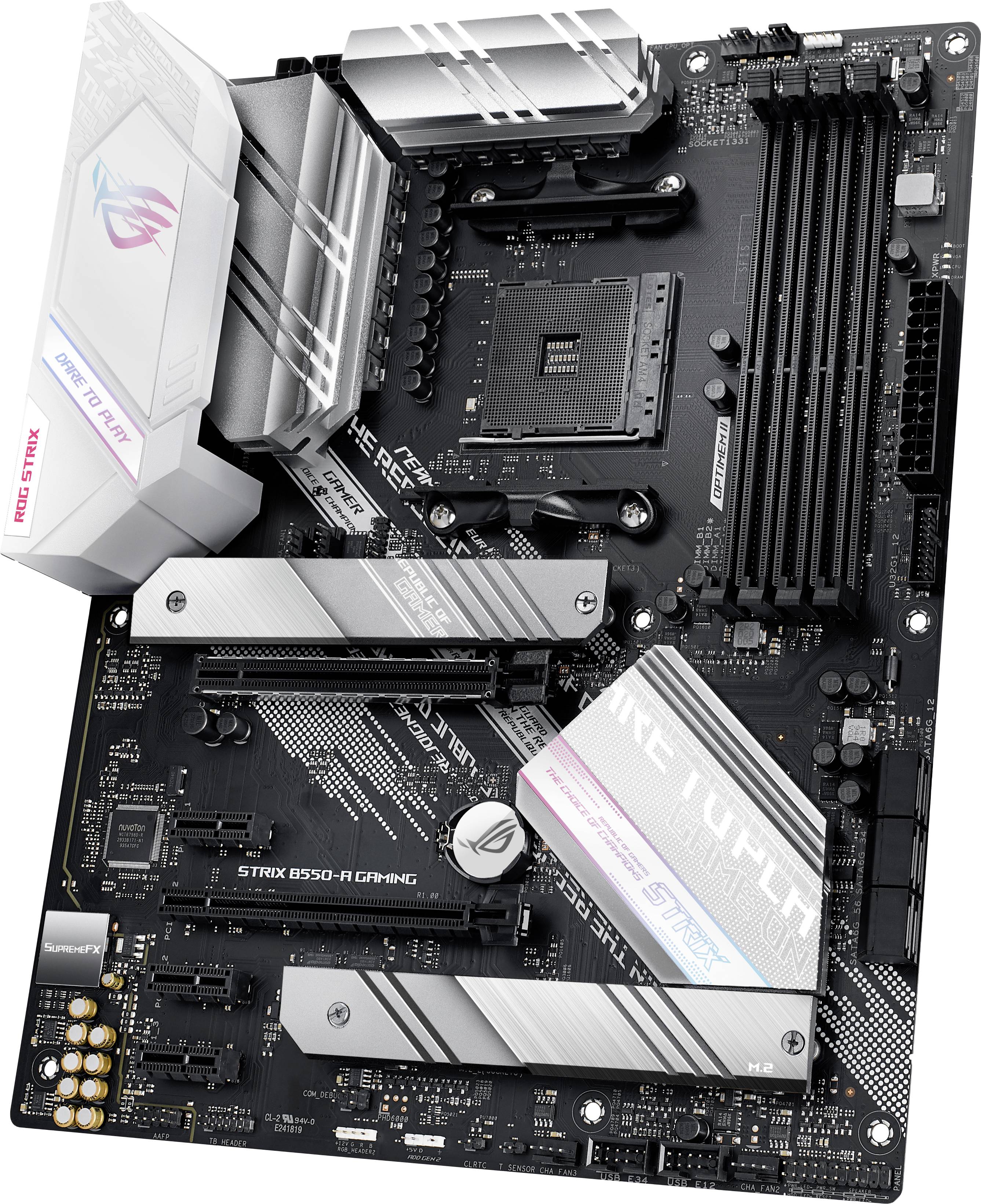 Una scheda madre con l'etichetta 'Strix B550-F Gaming', diversi slot per RAM e schede di espansione e un design distintivo.