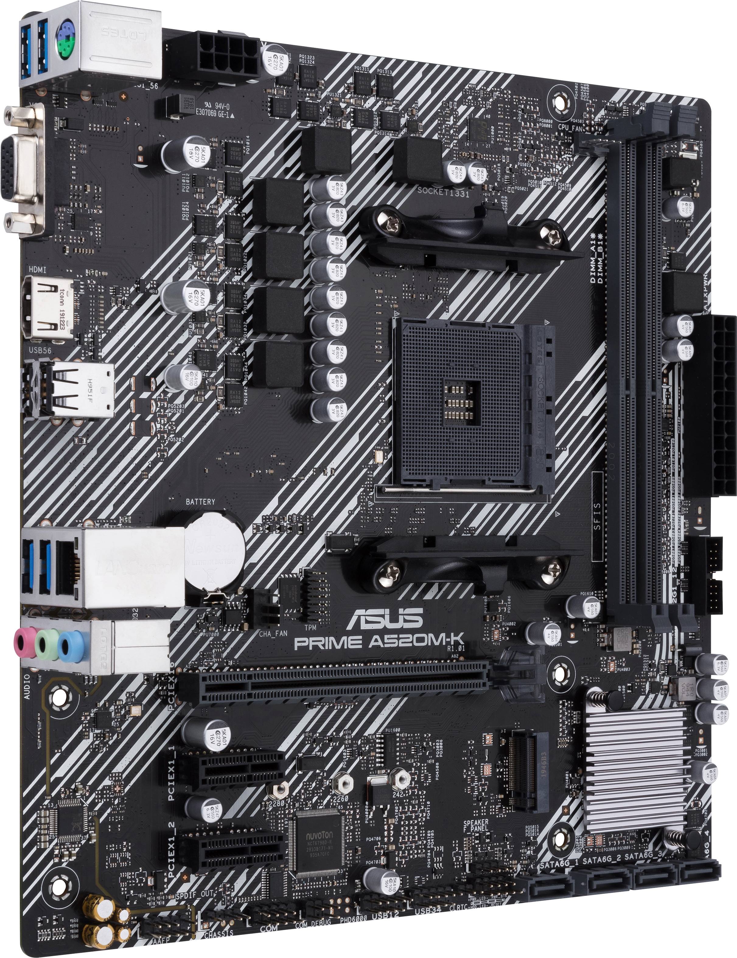 Una scheda madre nera con diversi slot, connettori e componenti elettronici montati su di essa.