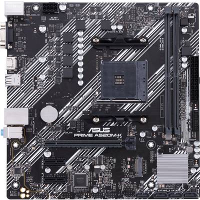 L'immagine mostra una scheda madre ASUS PRIME A520M-K con vari slot e connettori, adatta per assemblaggio e aggiornamento di PC.