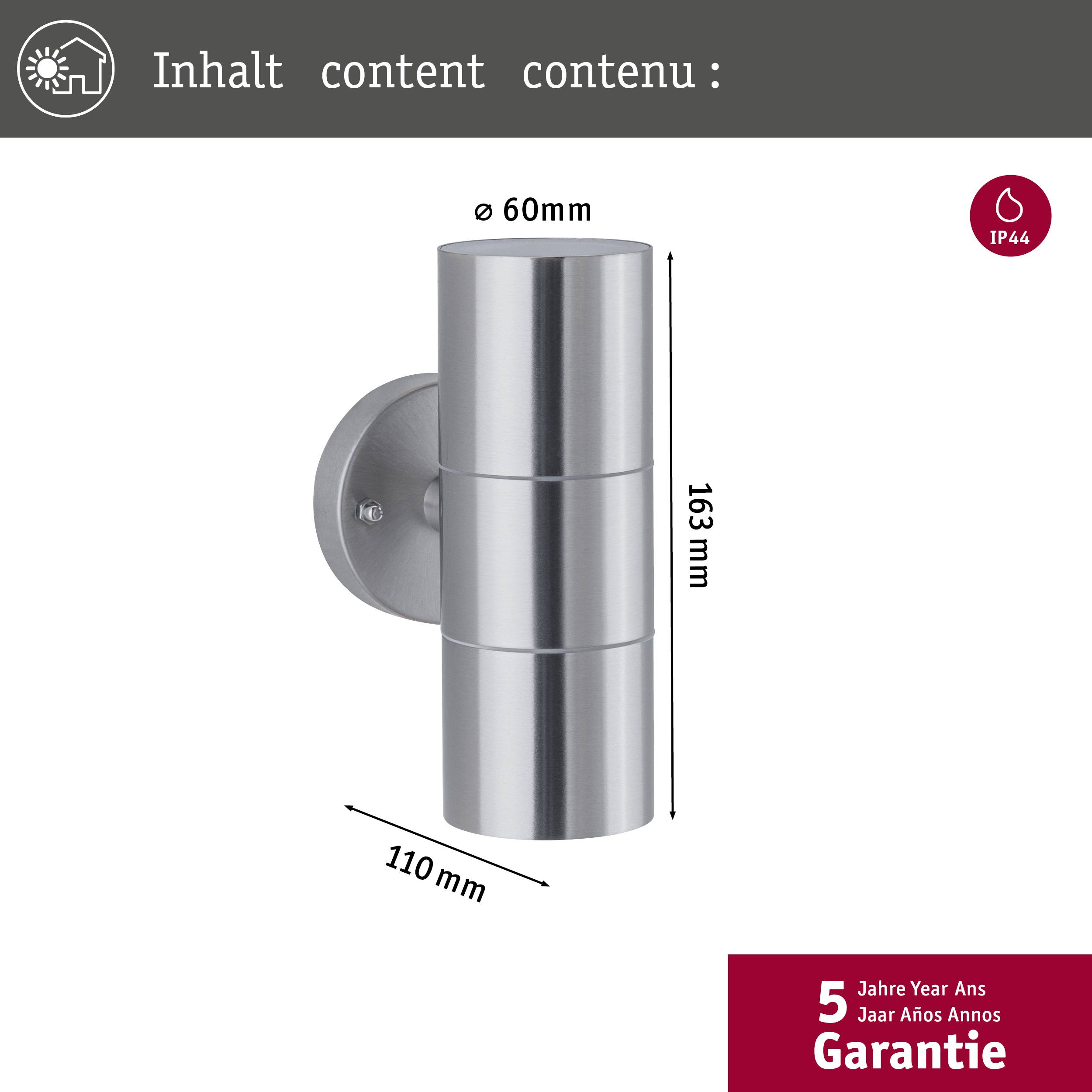 'Applique da esterno in acciaio inossidabile, diametro 60 mm, altezza 163 mm, profondità 110 mm, grado di protezione IP44, garanzia di 5 anni.'