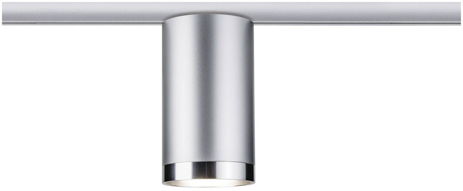 Lampada da soffitto cilindrica color argento dal design essenziale. Sospesa tramite un supporto allungato. Ideale per interni moderni.