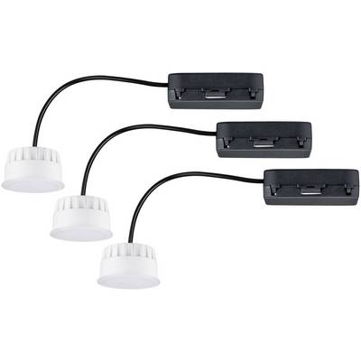 Tre luci sottopensile a LED con cavo nero e scatola di connessione nera, ciascuna con una testa lampada rotonda e bianca.
