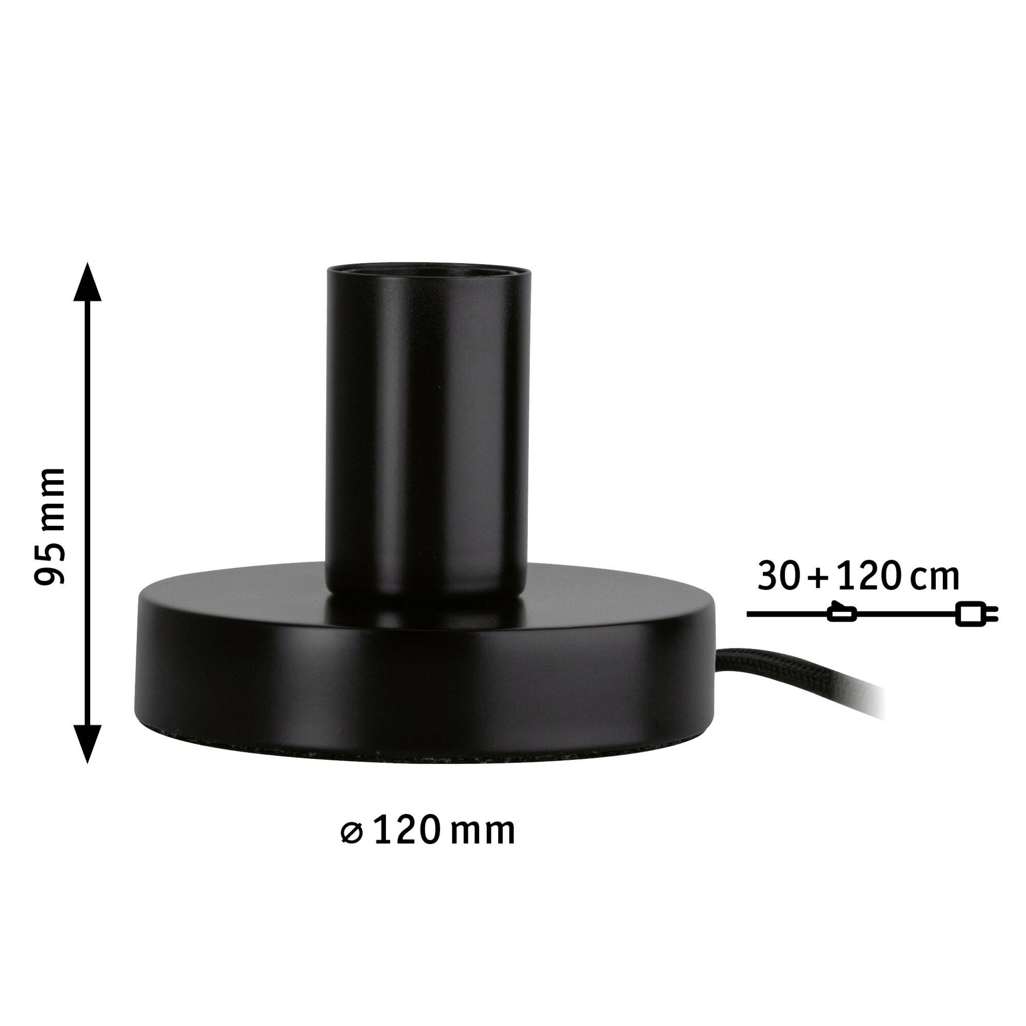 Base della lampada nera con altezza di 95 mm e diametro di 120 mm. Cavo regolabile tra 30 e 120 cm.