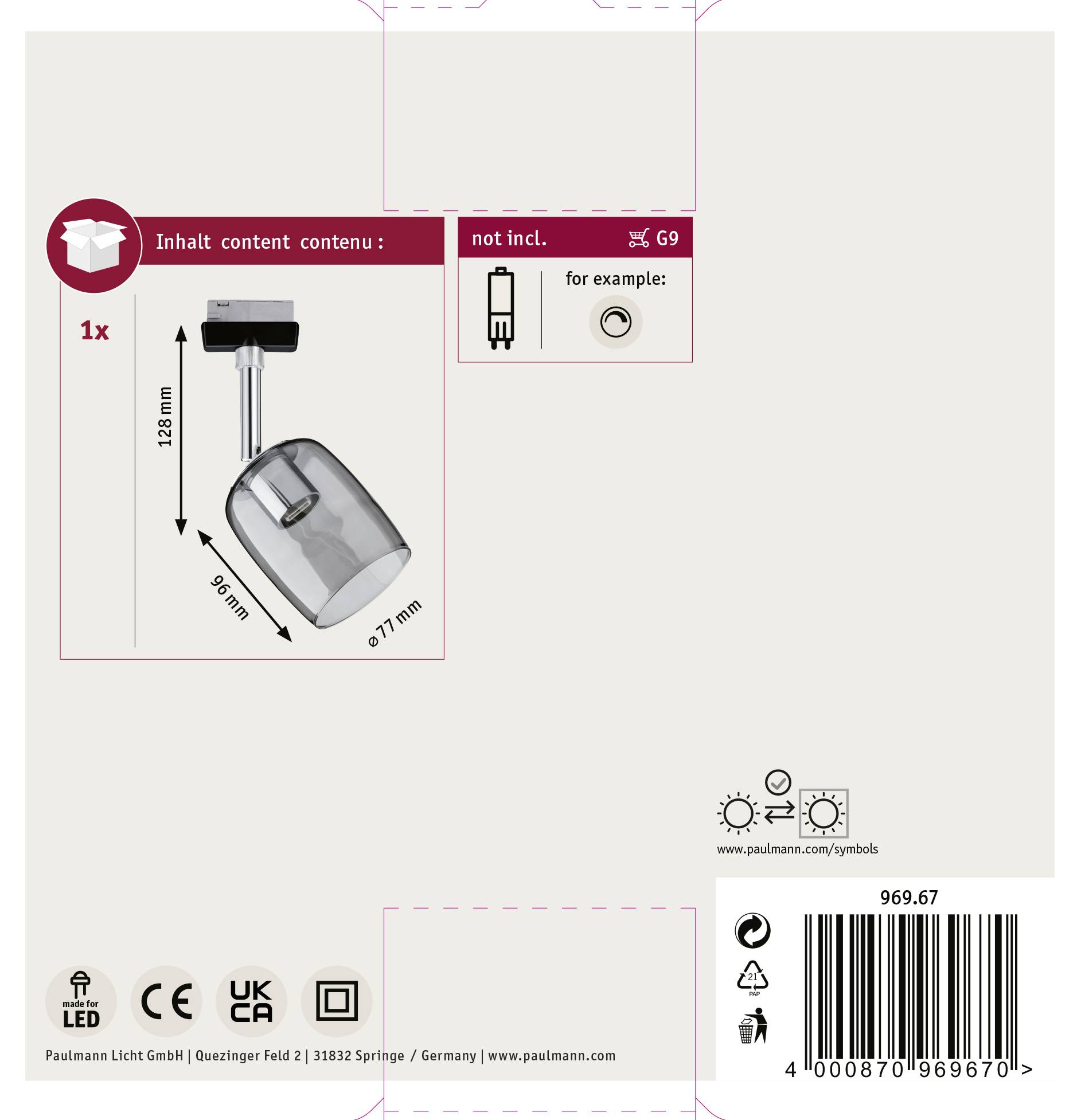 'Contenuto della confezione: 1x Lampada, Dimensioni: 128mm x 67mm, escluso il corpo illuminante, vedi esempio. Produttore: Paulmann Licht GmbH.'