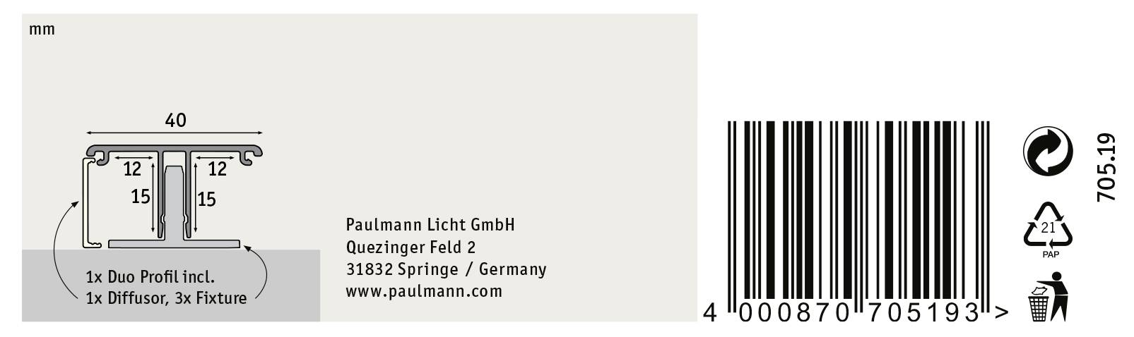 Etichetta del prodotto con disegni tecnici, informazioni di contatto per Paulmann Licht GmbH, codice a barre, simboli di riciclaggio e dimensioni 40x40 mm.